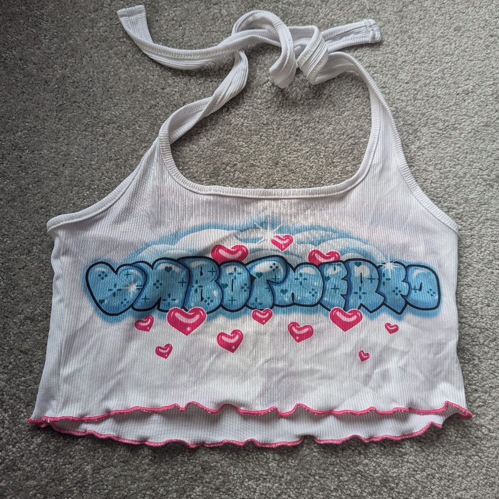 "Unbothered" bubble letter style crop top, tie up halter neck. Small size.